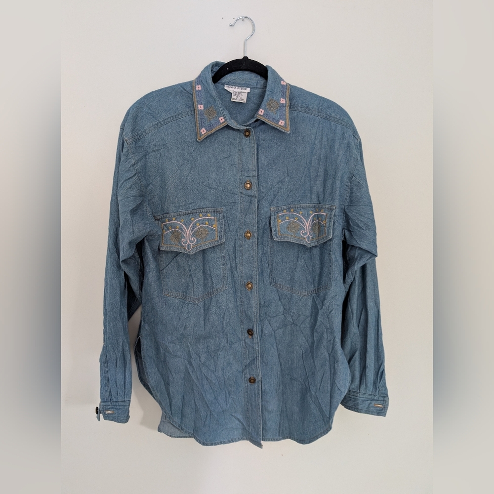 Vintage Regina Porter Embroidered Denim Button-Up Shirt S (Oversized)